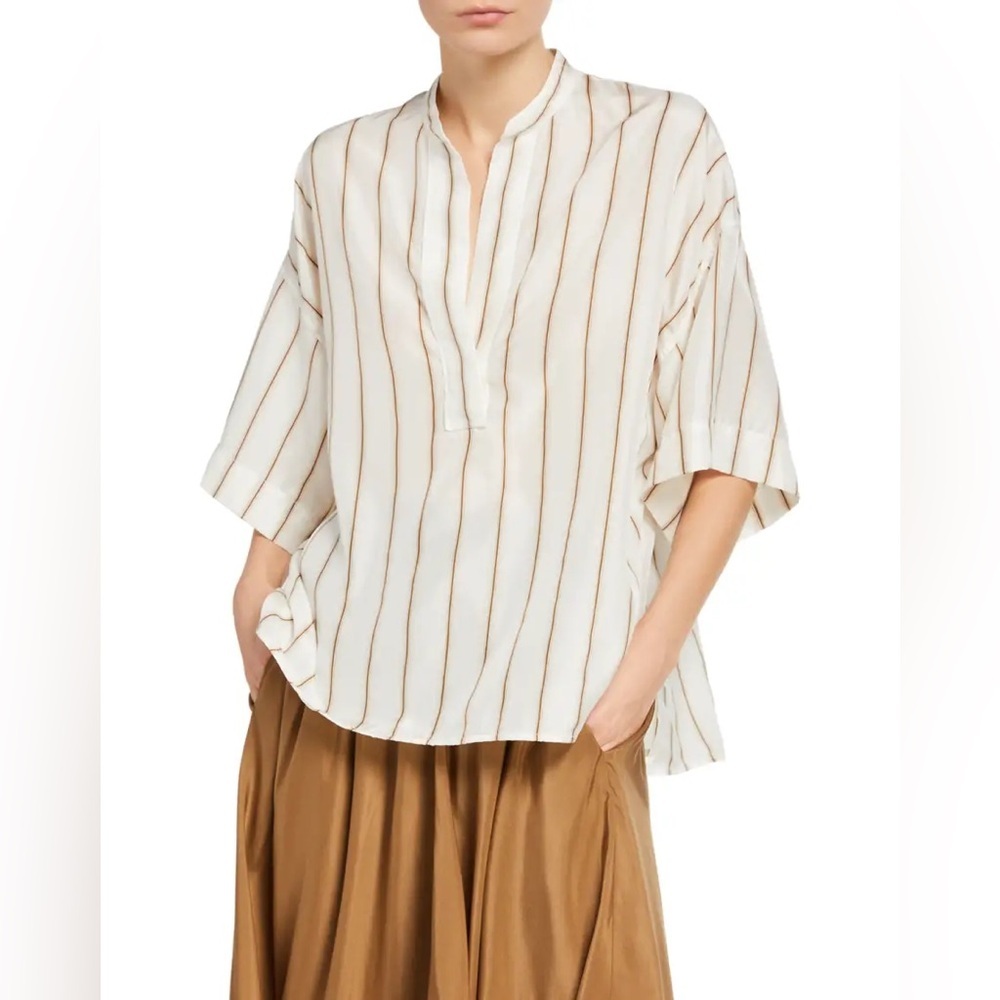 Vince 100% Silk Striped Popover Blouse XS Cream Neutral Short Sleeve Minimalist